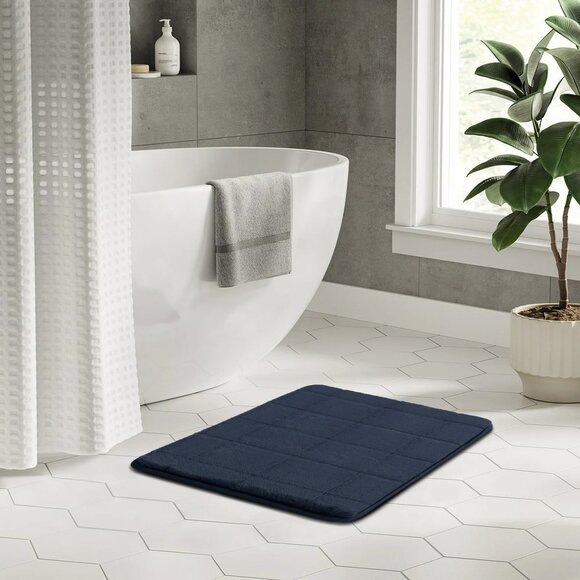 Luxurious Navy Blue Memory Foam Bath Mat 27" X 18" Non-Slip Absorbent Shaggy Rec - Picture 1 of 7